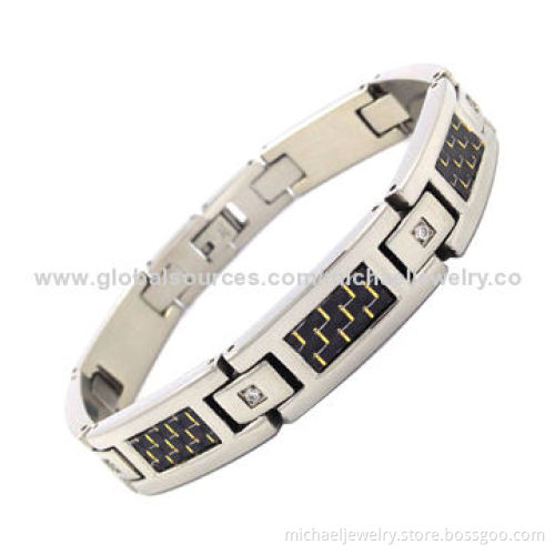 Stainless Steel Bracelets with 8-piece of CZ Stones and Yellow Carbon Fiber, Elegant and Fashionable